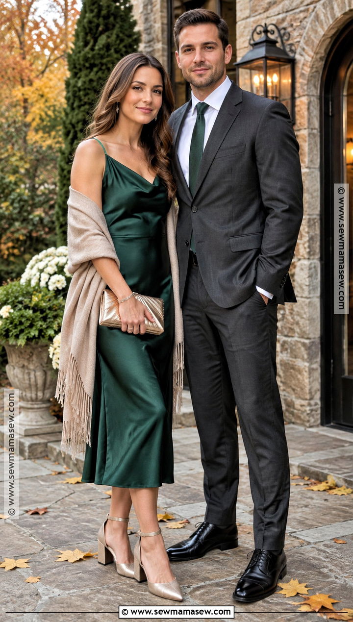 Satin Midi Dress and Suit Fall Couples Outfit - 20 fall couples outfits