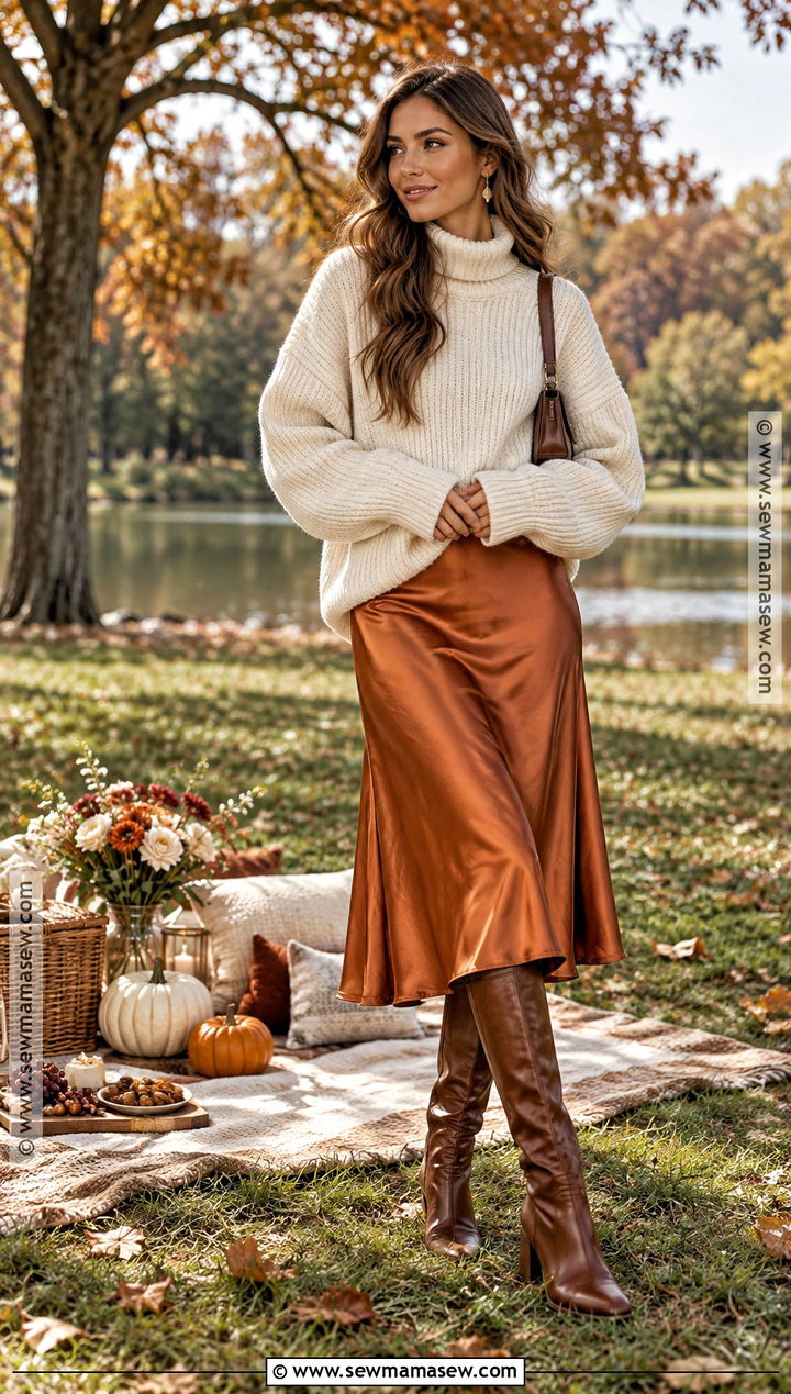 Satin Midi Skirt And Chunky Sweater Picnic Outfit - 25 fall picnic outfit ideas
