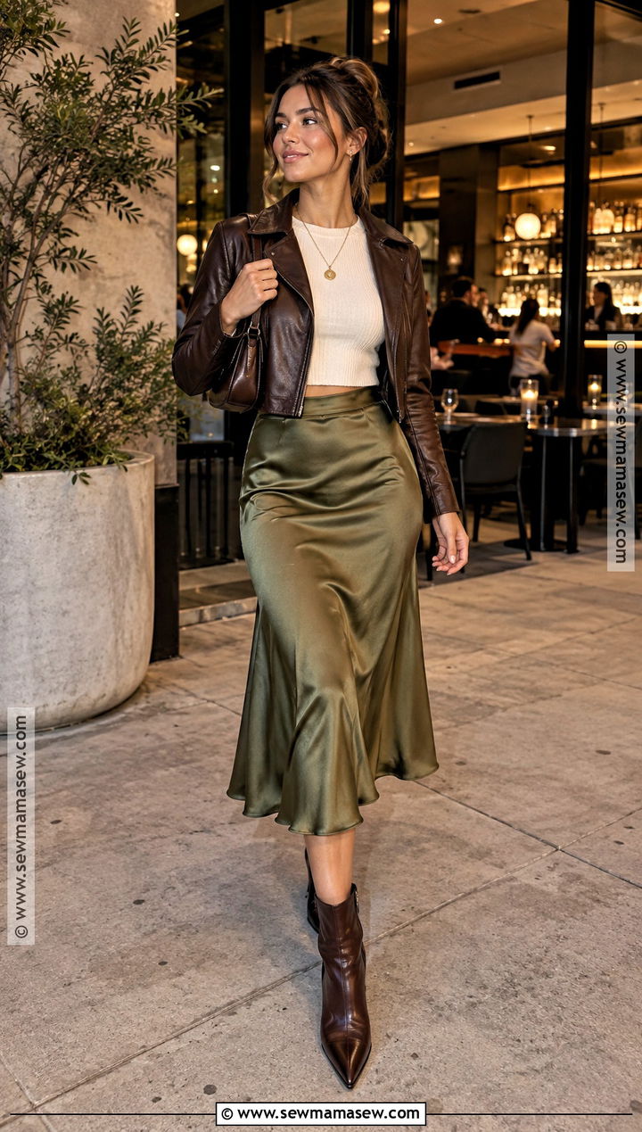 Satin Midi Skirt And Cropped Sweater Fall Bar Outfit - 25 fall bar outfits