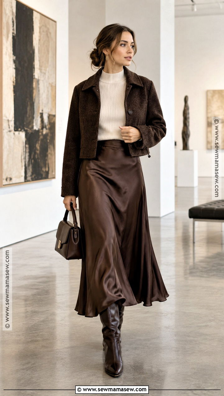 Satin Midi Skirt And Fitted Sweater Fall Outfit - 15 sleek fall outfits