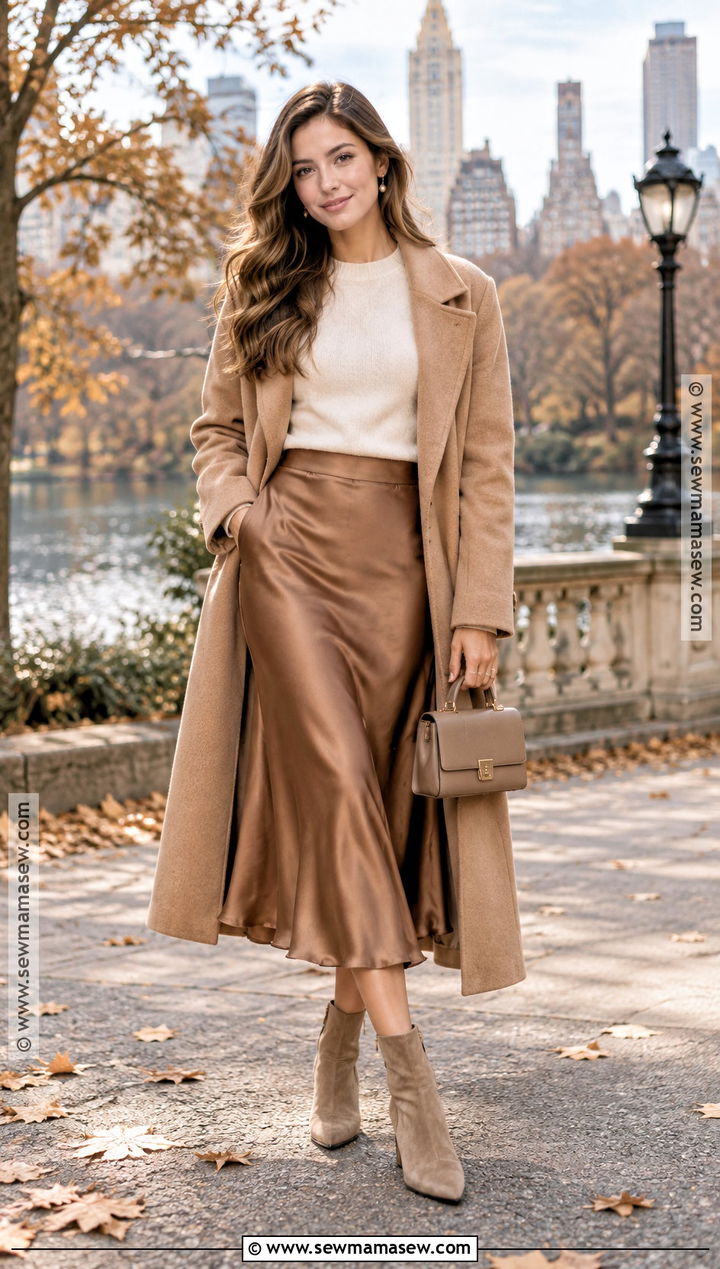 Satin Midi Skirt And Fitted Sweater Outfit - 15 november engagement photos outfits