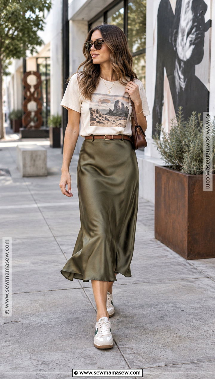 Satin Midi Skirt And Graphic T Shirt Fall Outfit - 25 Fall Outfits For Warm Weather