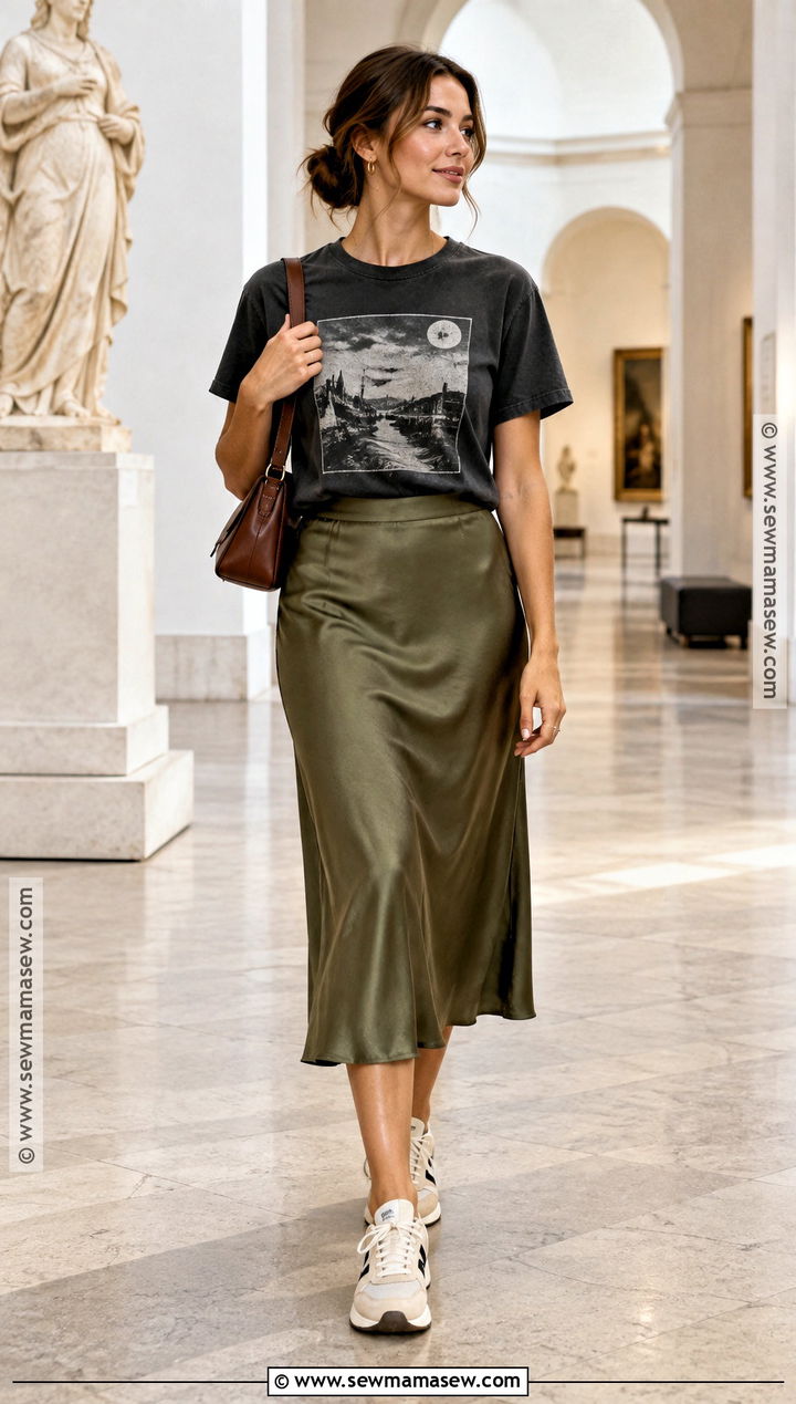 Satin Midi Skirt And Graphic T Shirt Fall Outfit - 20 Hot Day Fall Outfits