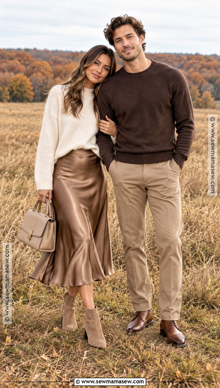 Satin Midi Skirt And Knit Sweater Fall Couple Outfit - 15 fall outfit ideas for couple pictures