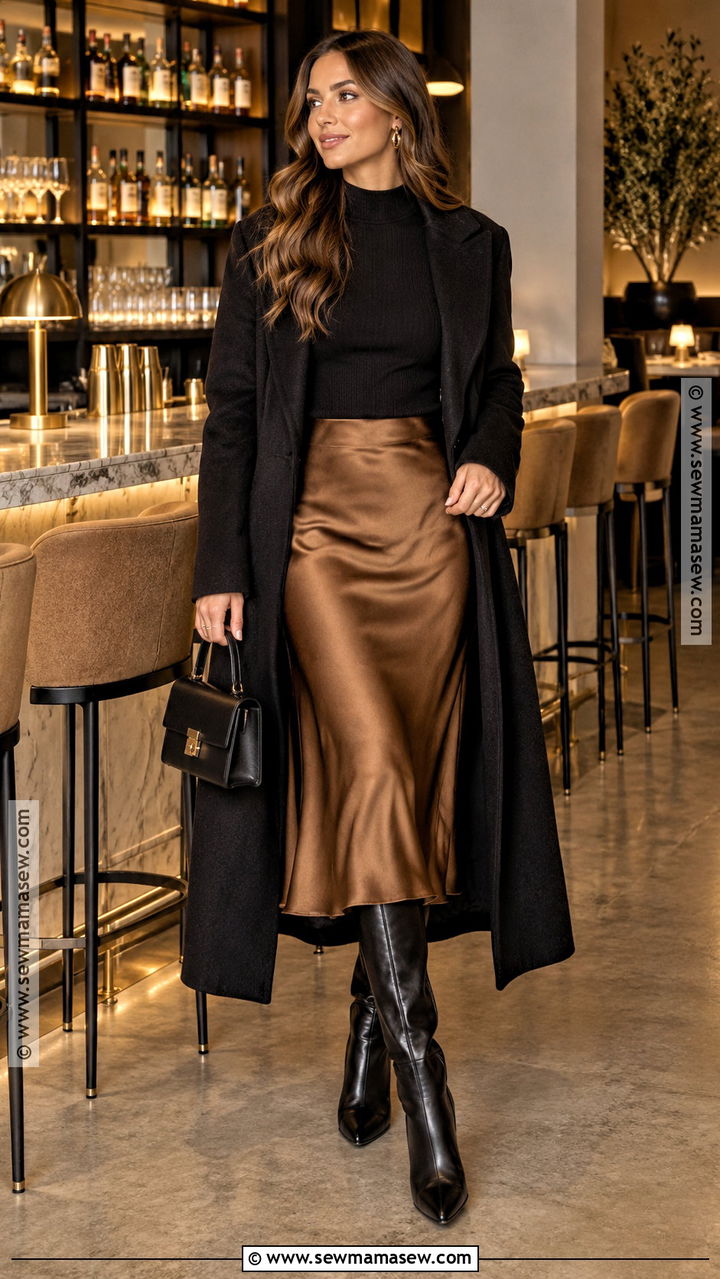 Satin Midi Skirt And Sweater Bar Outfit - 20 night before thanksgiving bar outfit ideas