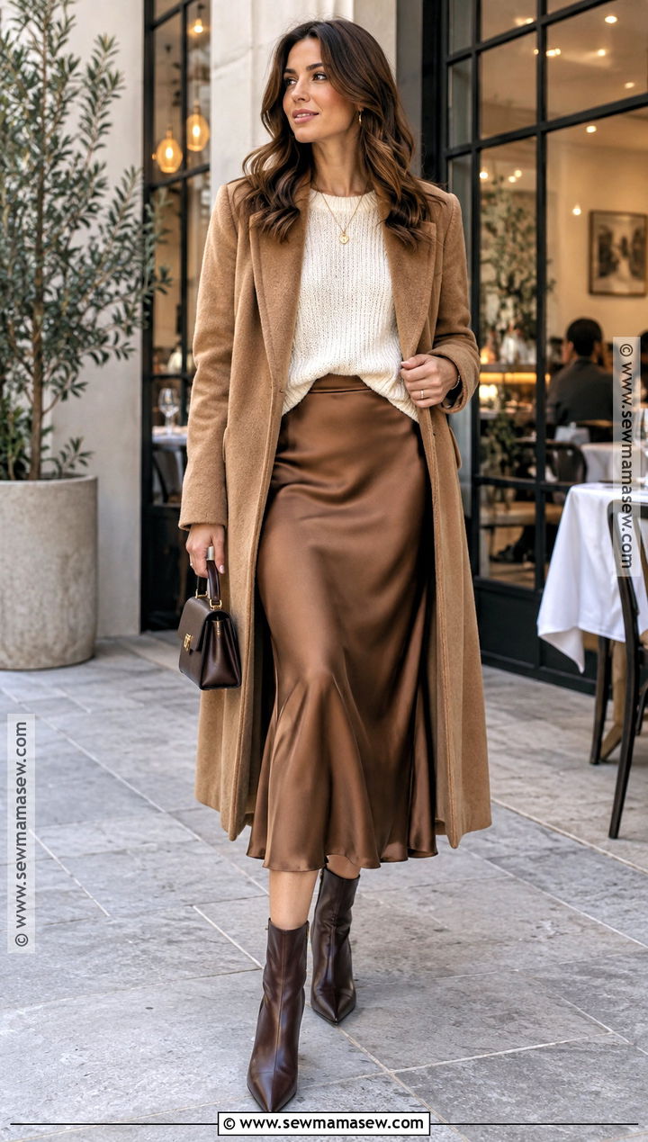 Satin Midi Skirt And Sweater Fall Outfit - 15 Fall Themed Outfits Aesthetic