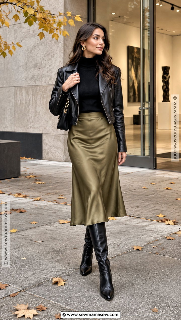 Satin Midi Skirt And Tall Boots - 15 fall tall boots outfit 2026