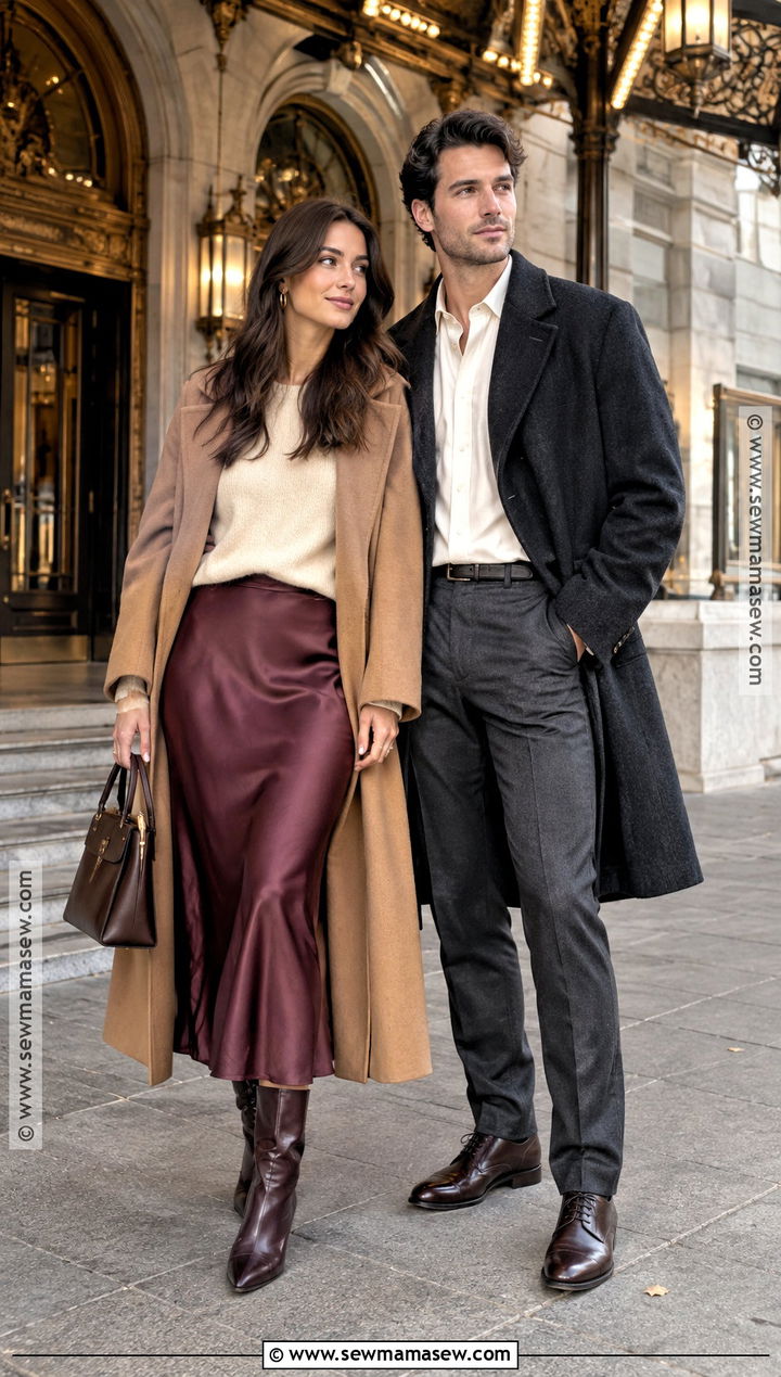 Satin Midi Skirt And Wool Coat Fall Couple Photoshoot Outfit - 20 couples photoshoot outfits fall