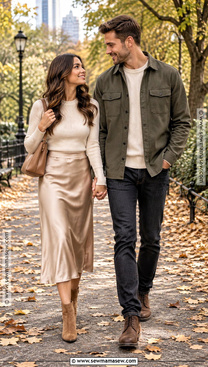 Satin Midi Skirt Autumn Engagement Photo Outfit - 20 autumn engagement photos outfits