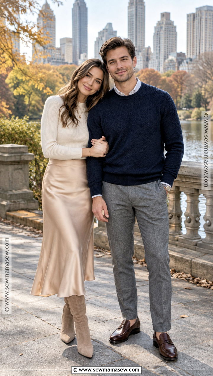 Satin Midi Skirt Fall Engagement Photo Outfit - 25 fall engagement photo outfit ideas