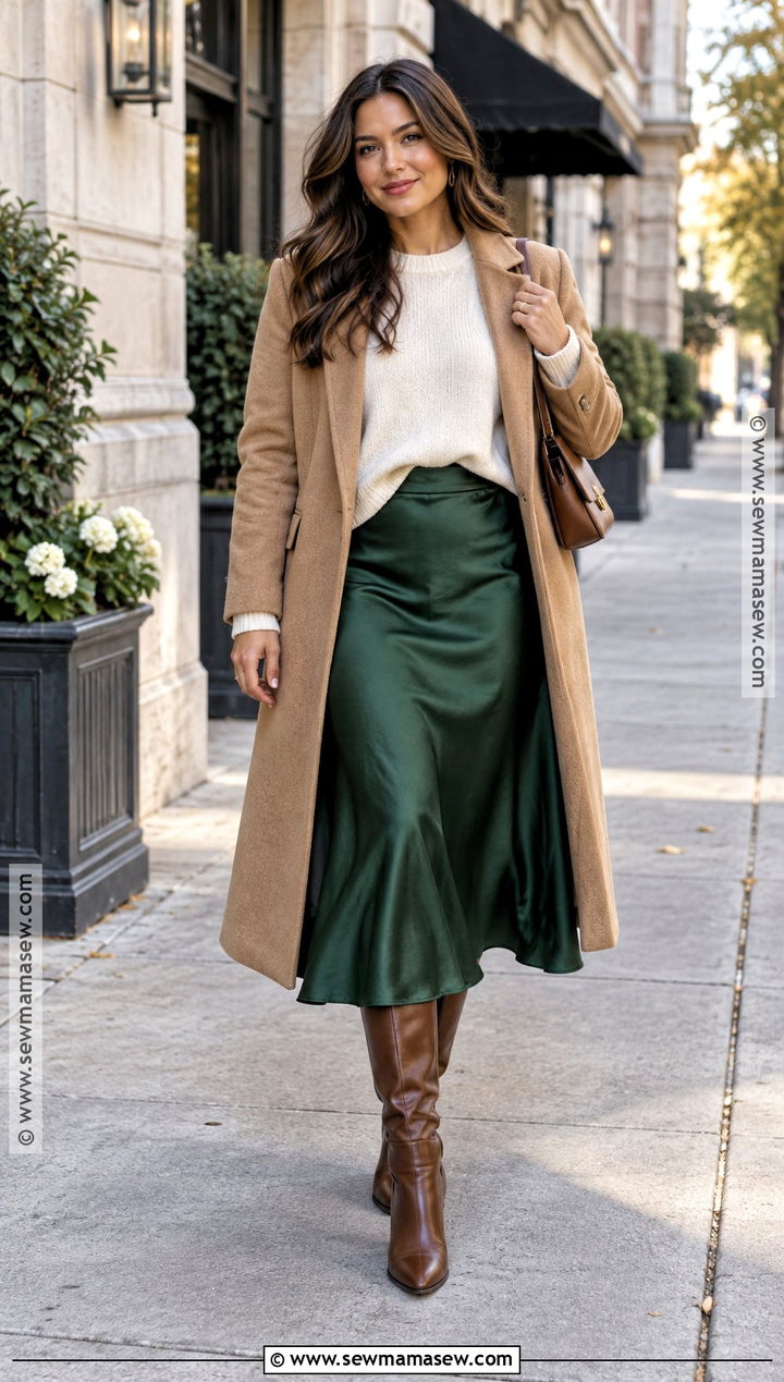 Satin Midi Skirt With Crewneck Sweater - 15 Fall Fashion 2026 Ideas for Women