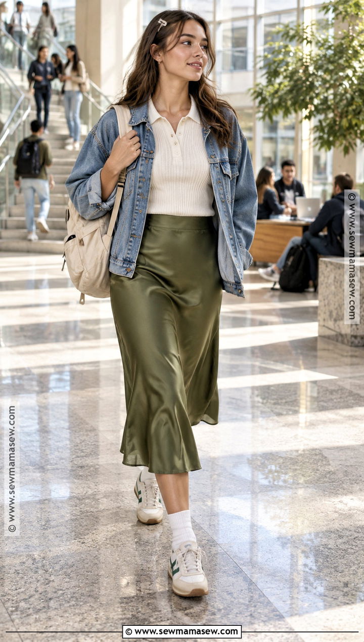 Satin Midi Skirt With Knit Polo - 25 back to school outfits skirt