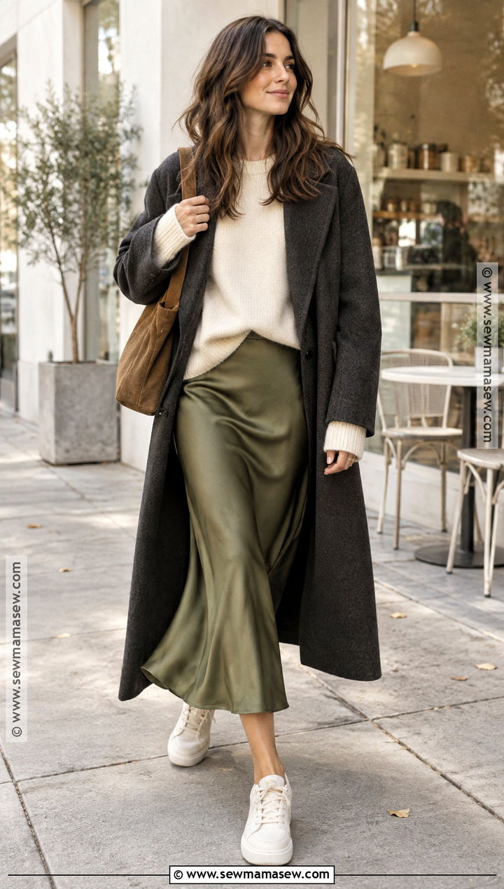 Satin Midi Skirt With Oversized Sweater And Sneakers - 20 cute fall skirt outfits