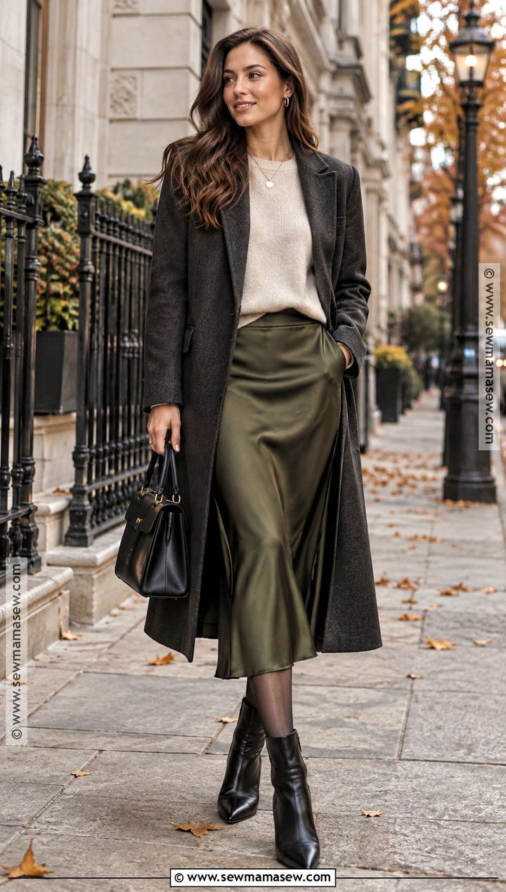 Satin Midi Skirt With Tights And Ankle Boots - 15 fall skirt tights outfit ideas