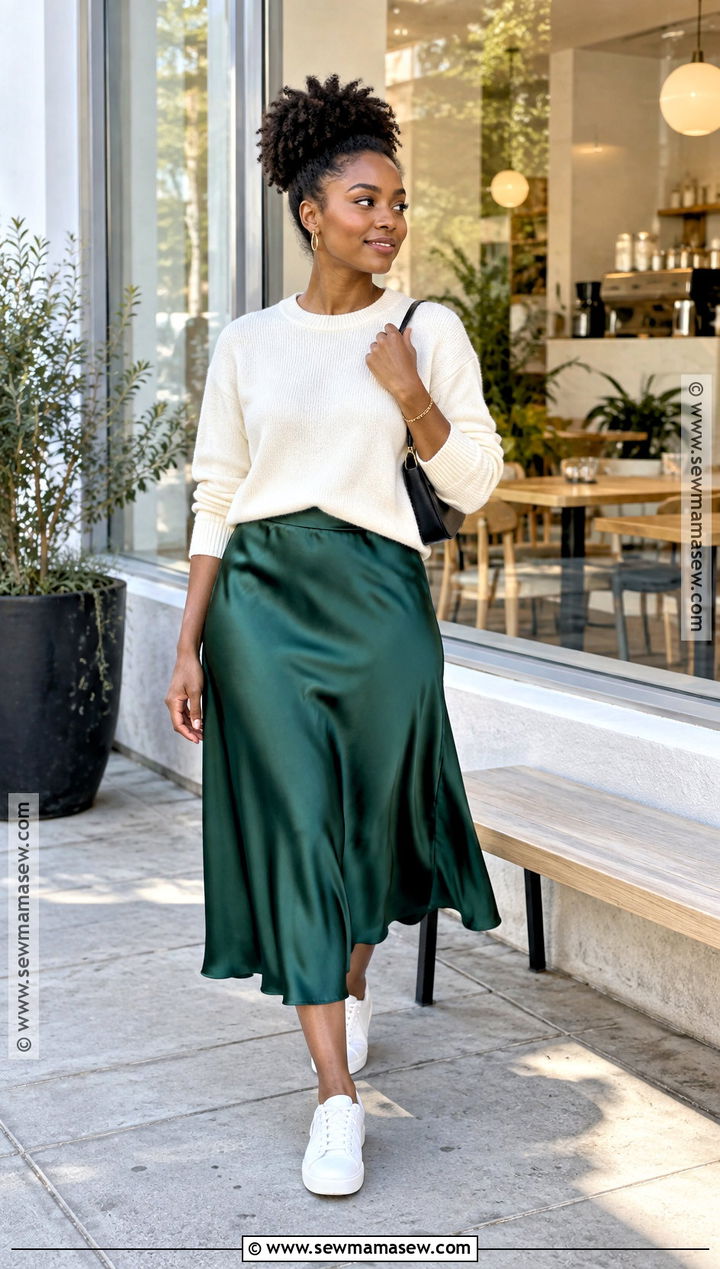 Satin Midi Skirt and Crewneck Sweater Outfit - 15 shein back to school outfits for black women