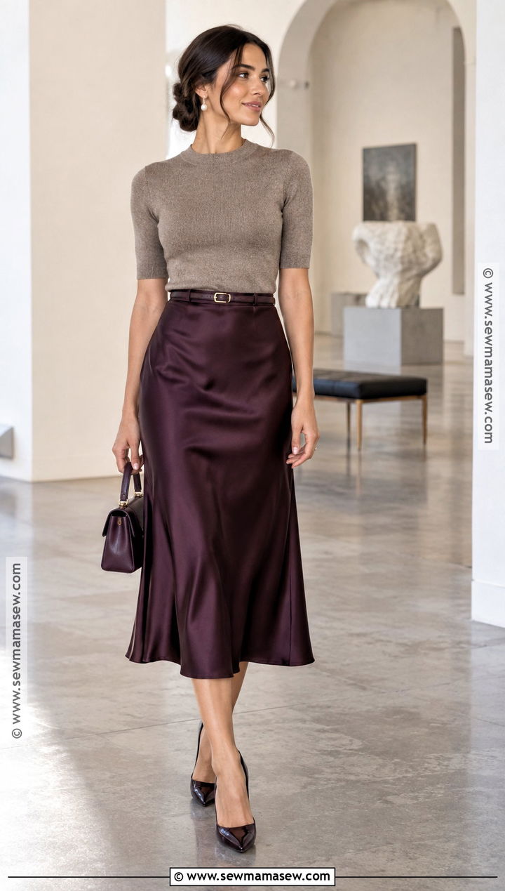 Satin Midi Skirt and Fitted Knit Top - 15 September Wedding Outfits