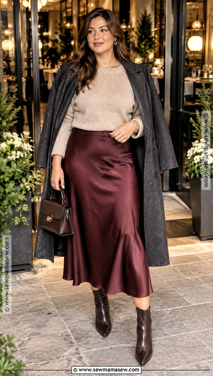 Satin Midi Skirt and Knit Sweater Fall Dinner Outfit - 15 fall out to dinner outfit ideas