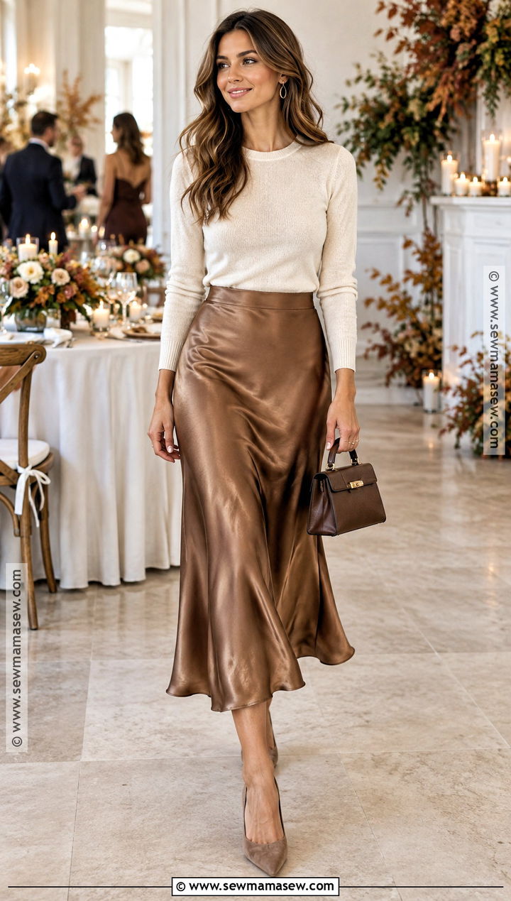 Satin Midi Skirt and Sweater Outfit - 15 casual fall wedding outfit ideas