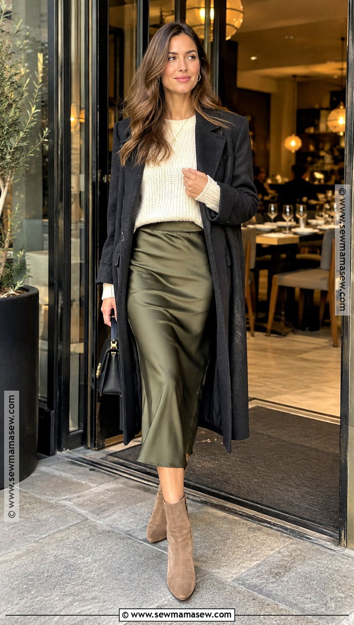Satin Pencil Skirt With Chunky Sweater - 20 fall pencil skirt outfits