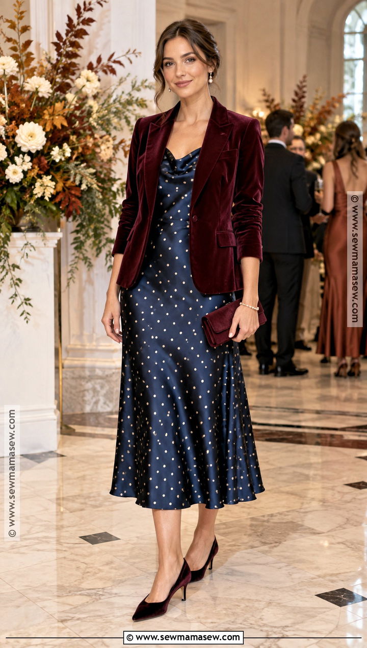 Satin Polka Dot Dress With A Velvet Blazer - 15 autumn polka dot dress ideas