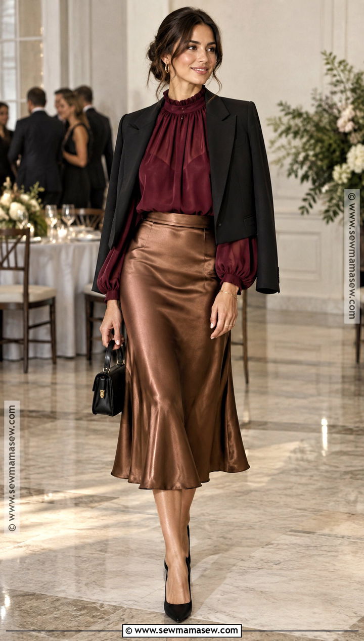 Satin Skirt And Blouse Fall Wedding Guest Outfit - 15 Wedding Outfit Fall Guest Ideas