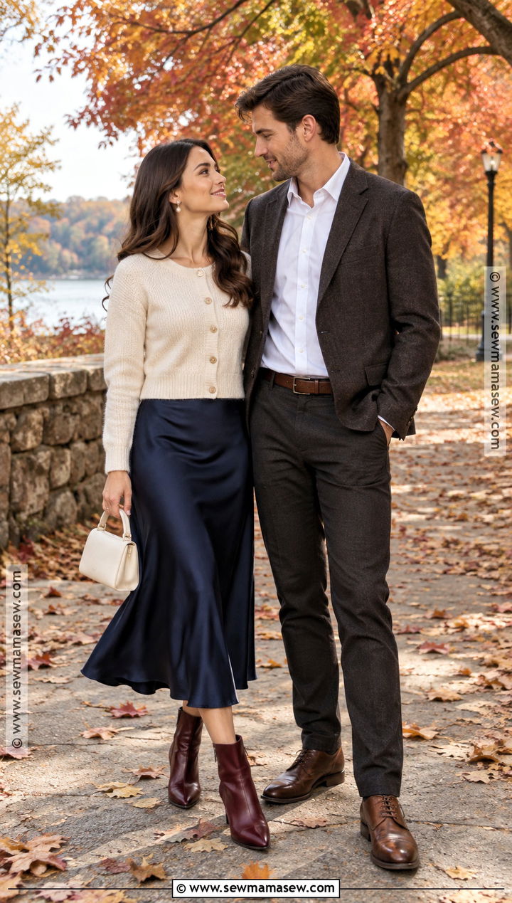 Satin Skirt And Cardigan Fall Engagement Outfit - 15 cute fall engagement outfits