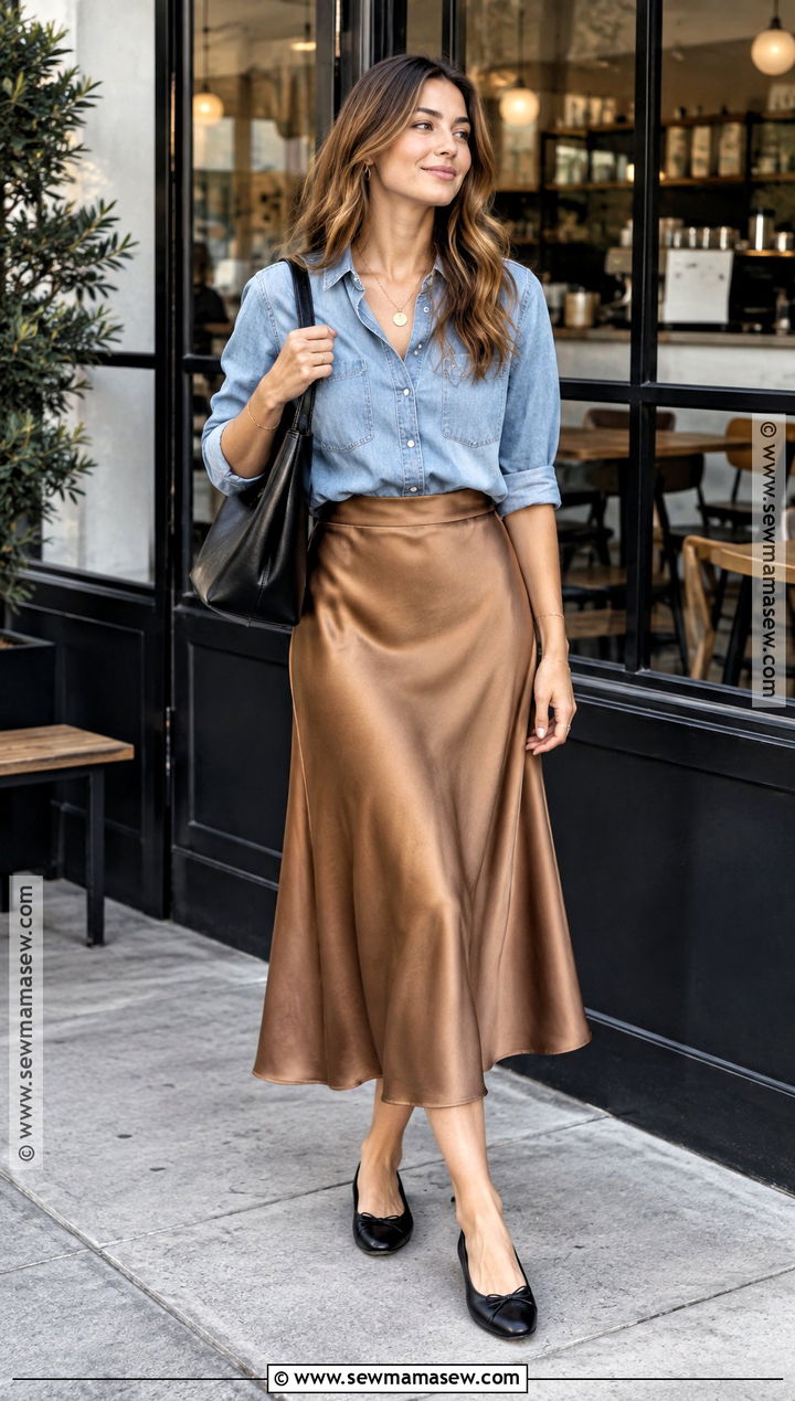 Satin Skirt And Denim Shirt Transitional Outfit - 25 transitional outfits summer to fall