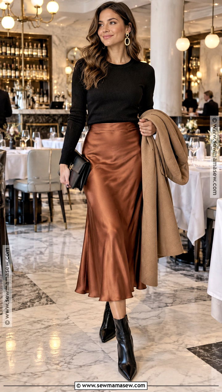 Satin Skirt And Fitted Sweater Fall Party Outfit - 25 fall party outfit night ideas