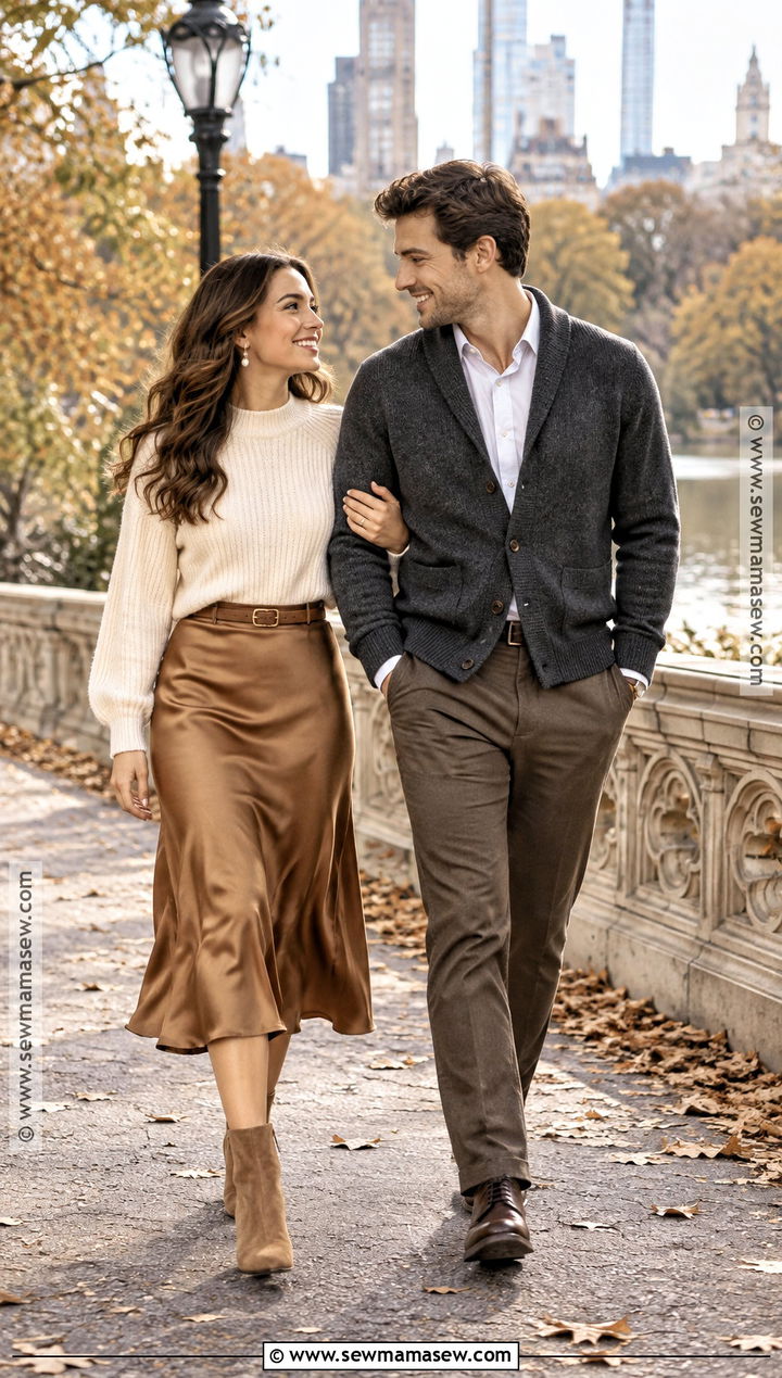 Satin Skirt And Sweater Fall Engagement Shoot Outfit - 20 engagement shoot outfit fall ideas