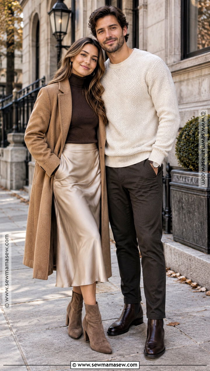 Satin Skirt And Turtleneck Fall Engagement Photo Outfit - 15 engagement photo fall outfit ideas
