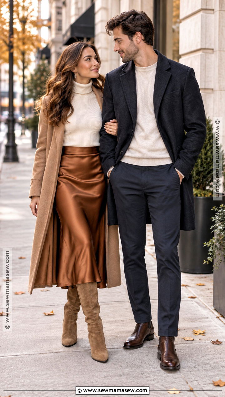 Satin Skirt And Turtleneck Fall Engagement Photoshoot Outfit - 15 engament photoshoot outfit fall ideas