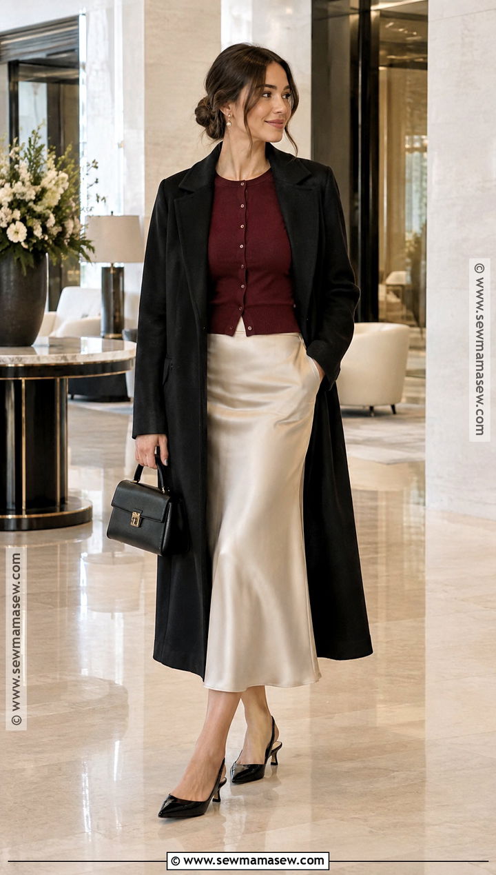 Satin Skirt With Cropped Cardigan And Kitten Heels - 25 satin skirt outfit fall ideas