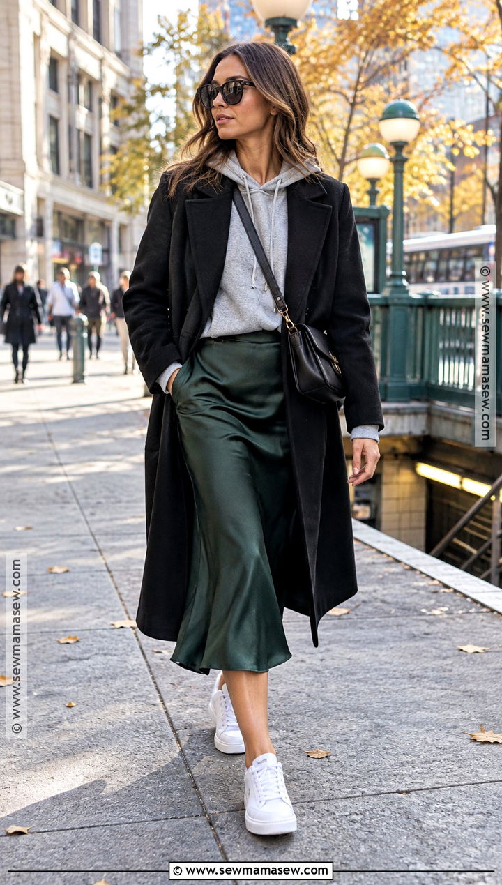 Satin Skirt With Hoodie And Wool Coat - 15 fall outfits with satin skirt