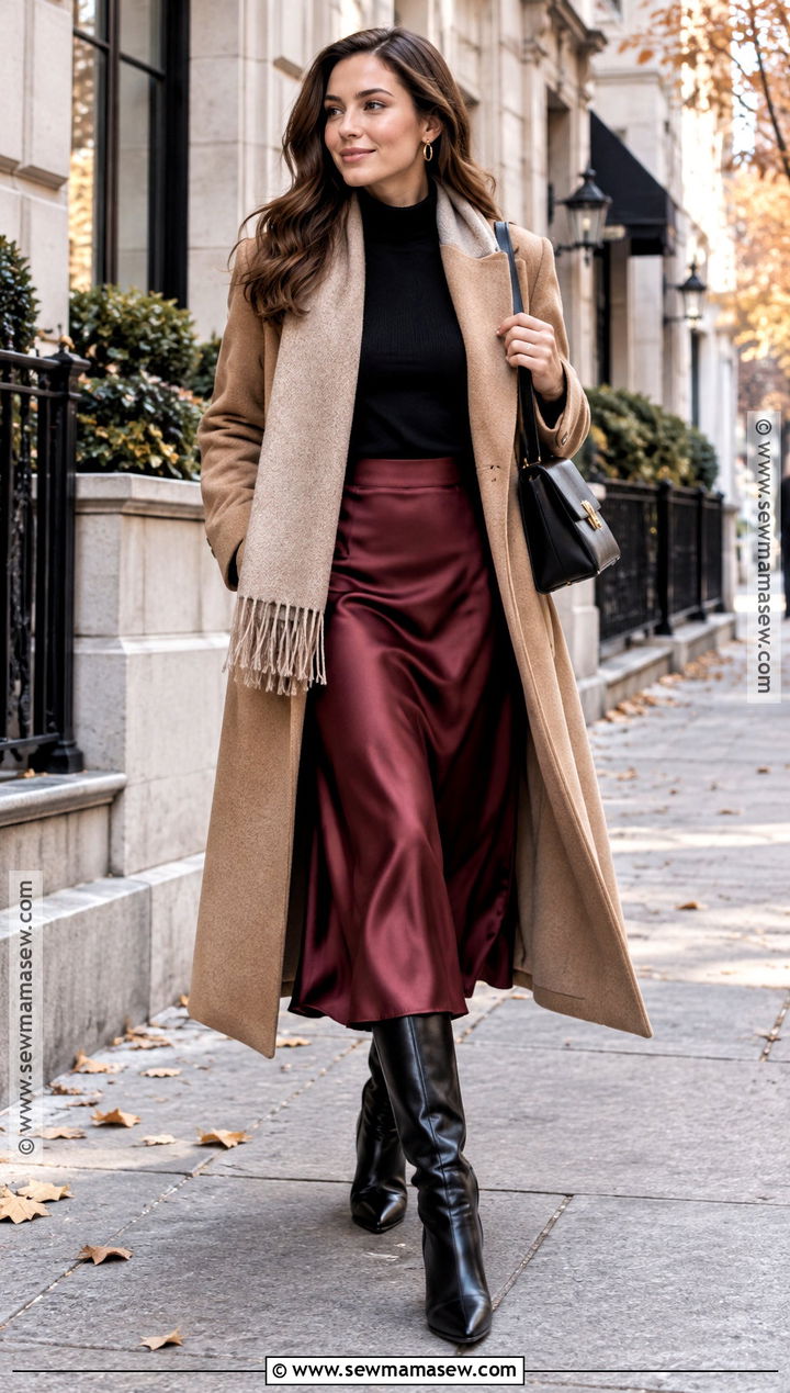 Satin Skirt With Long Coat And Knee High Boots - 25 satin skirt outfit fall ideas