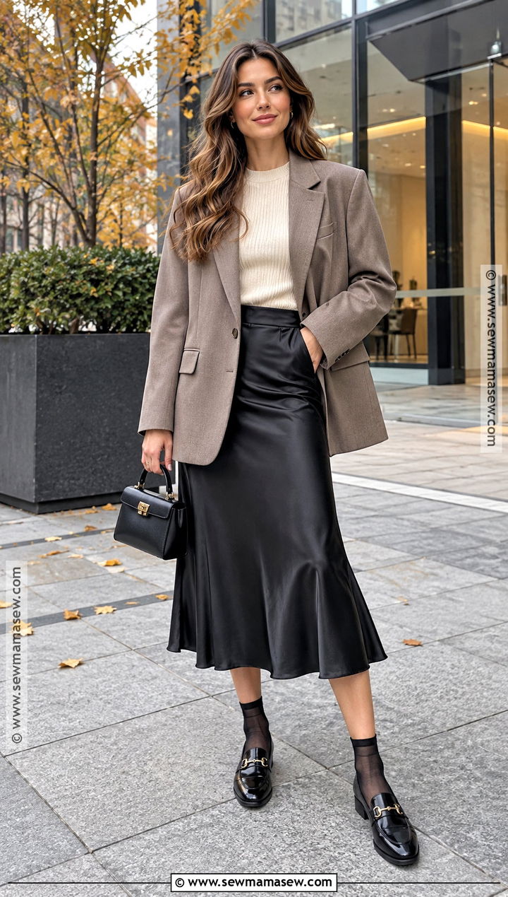 Satin Skirt With Oversized Blazer And Loafers - 25 satin skirt fall outfit ideas