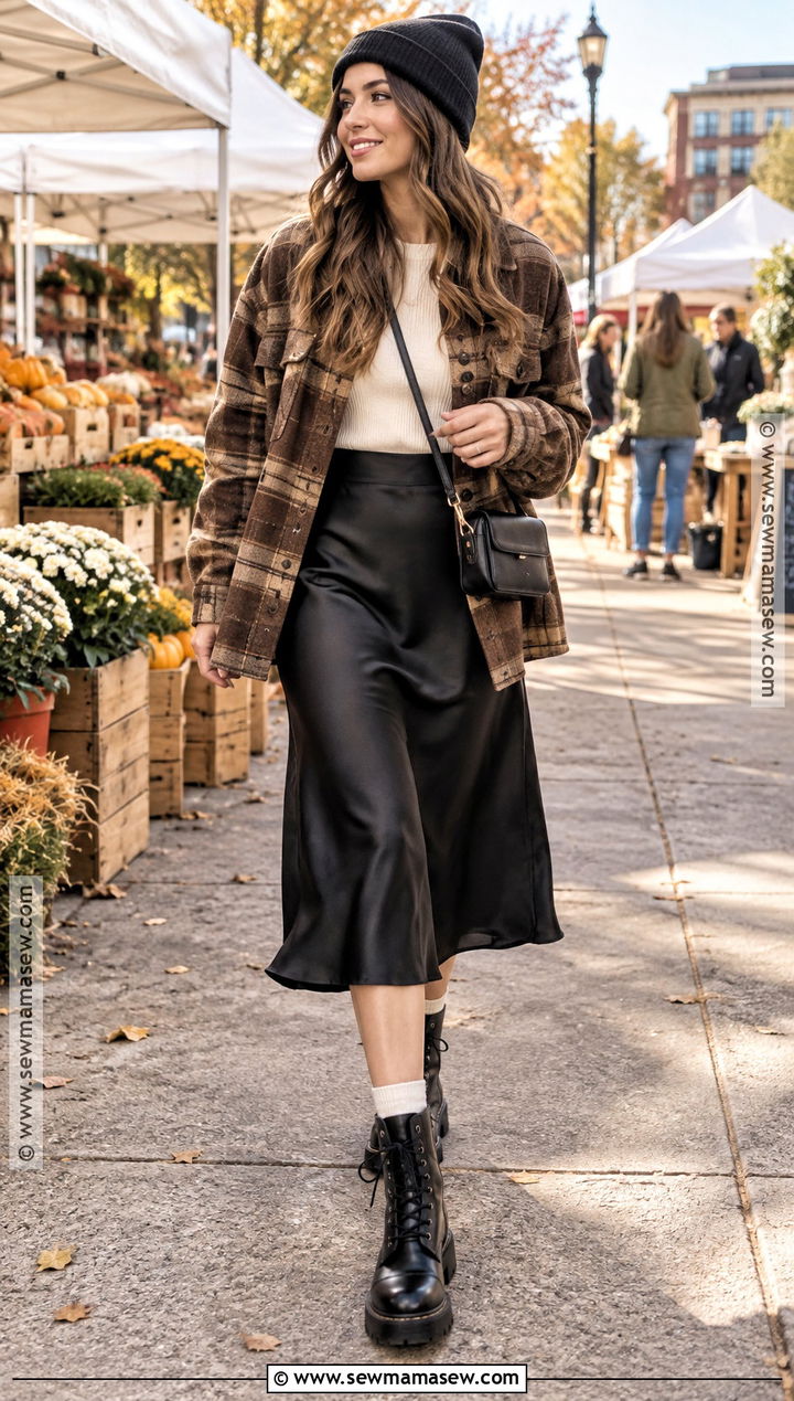 Satin Skirt With Shacket And Lace Up Boots - 25 satin skirt outfit fall ideas