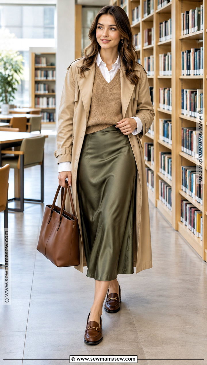 Satin Skirt With Sweater Vest And Button Down Shirt - 25 satin skirt outfit fall ideas