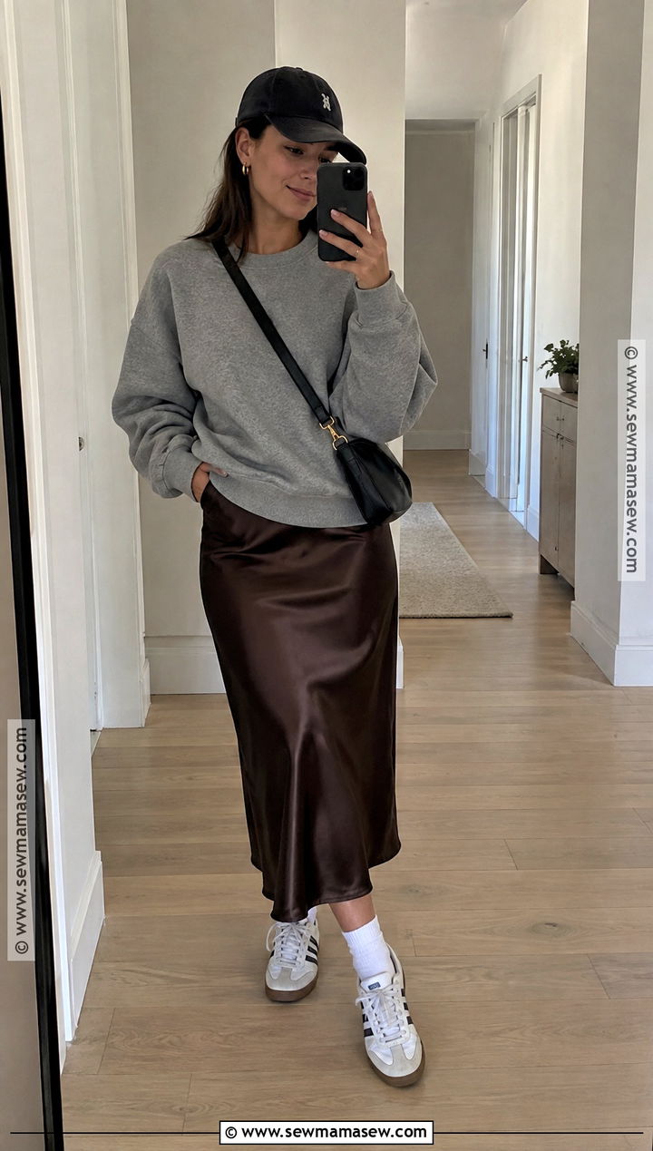 Satin Skirt With Sweatshirt And Retro Sneakers - 25 satin skirt outfit fall ideas