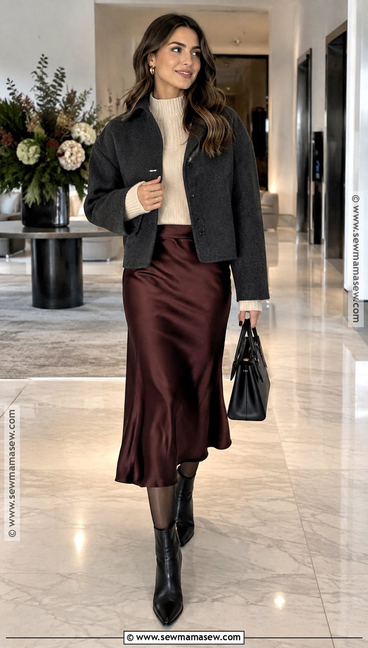 Satin Skirt With Tights And Chunky Sweater - 15 skirt with tights fall outfit ideas
