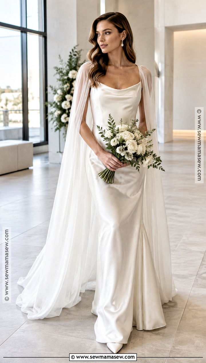 Satin Slip Autumn Wedding Dress With Cape - 20 wedding dress autumn ideas