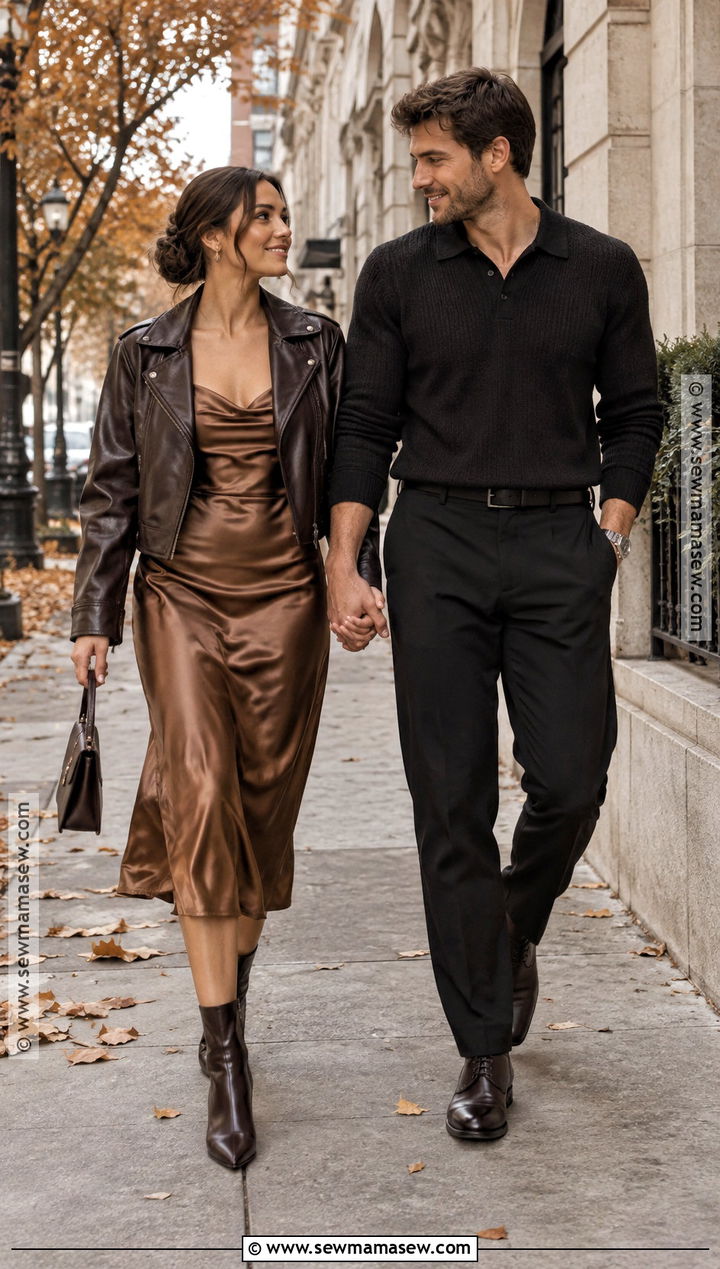 Satin Slip Dress And Leather Jacket Engagement Outfit - 20 engagement photos fall outfit ideas