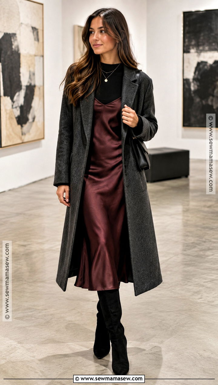 Satin Slip Dress With Suede Knee High Boots - 25 fall dress outfit with boots