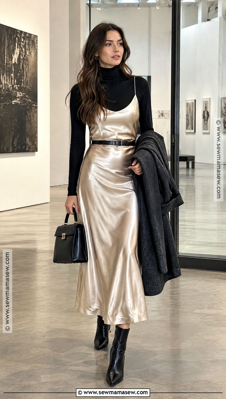 Satin Slip Dress With Turtleneck And Ankle Boots - 15 styling summer dresses for fall