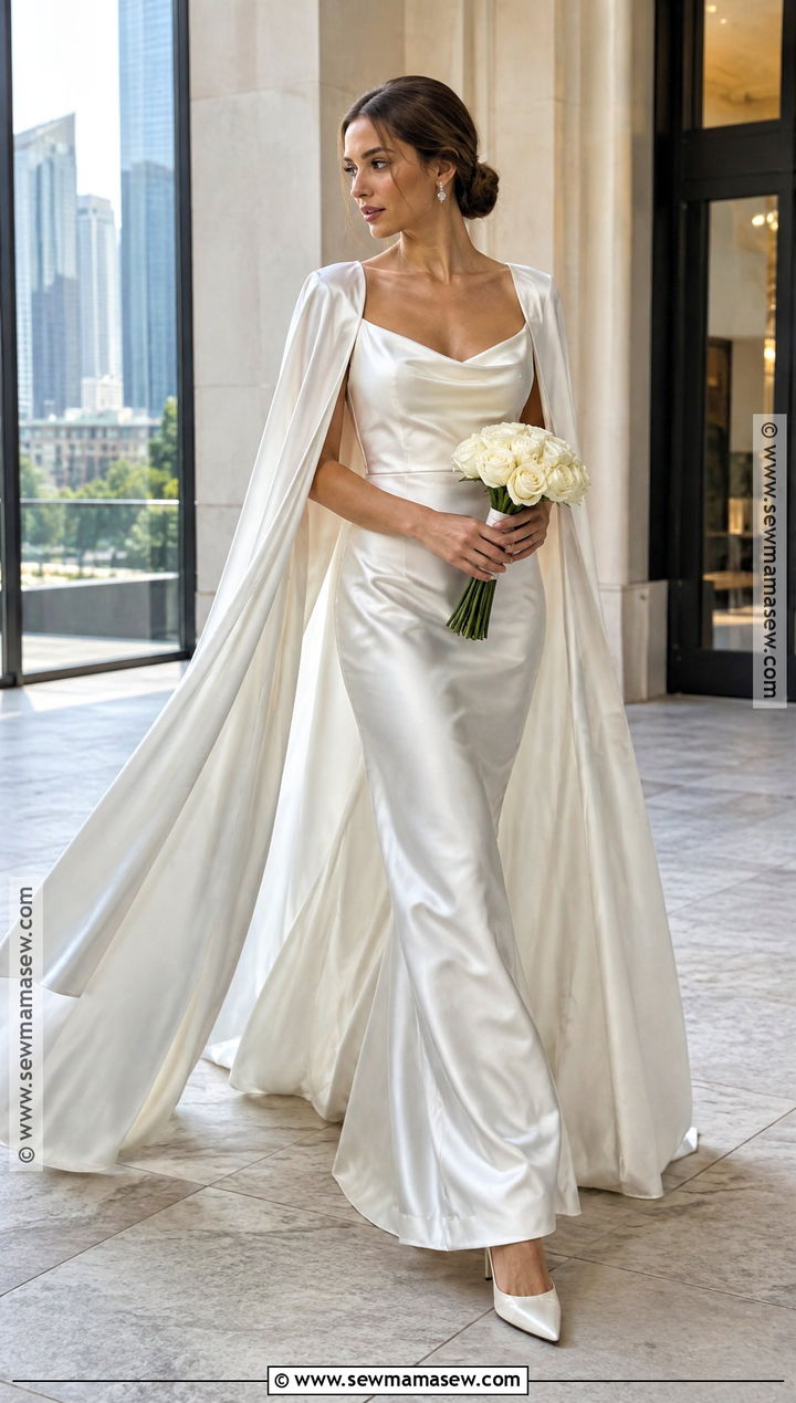 Satin Slip Fall Bride Dress With Cape - 15 fall bride outfit ideas