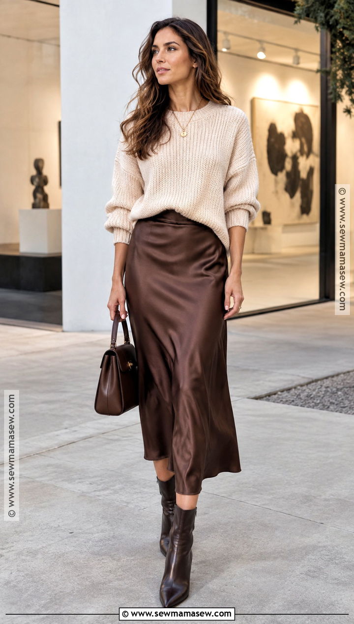 Satin Slip Skirt And Chunky Sweater Fall Date Night Outfit - 25 date night fall outfits