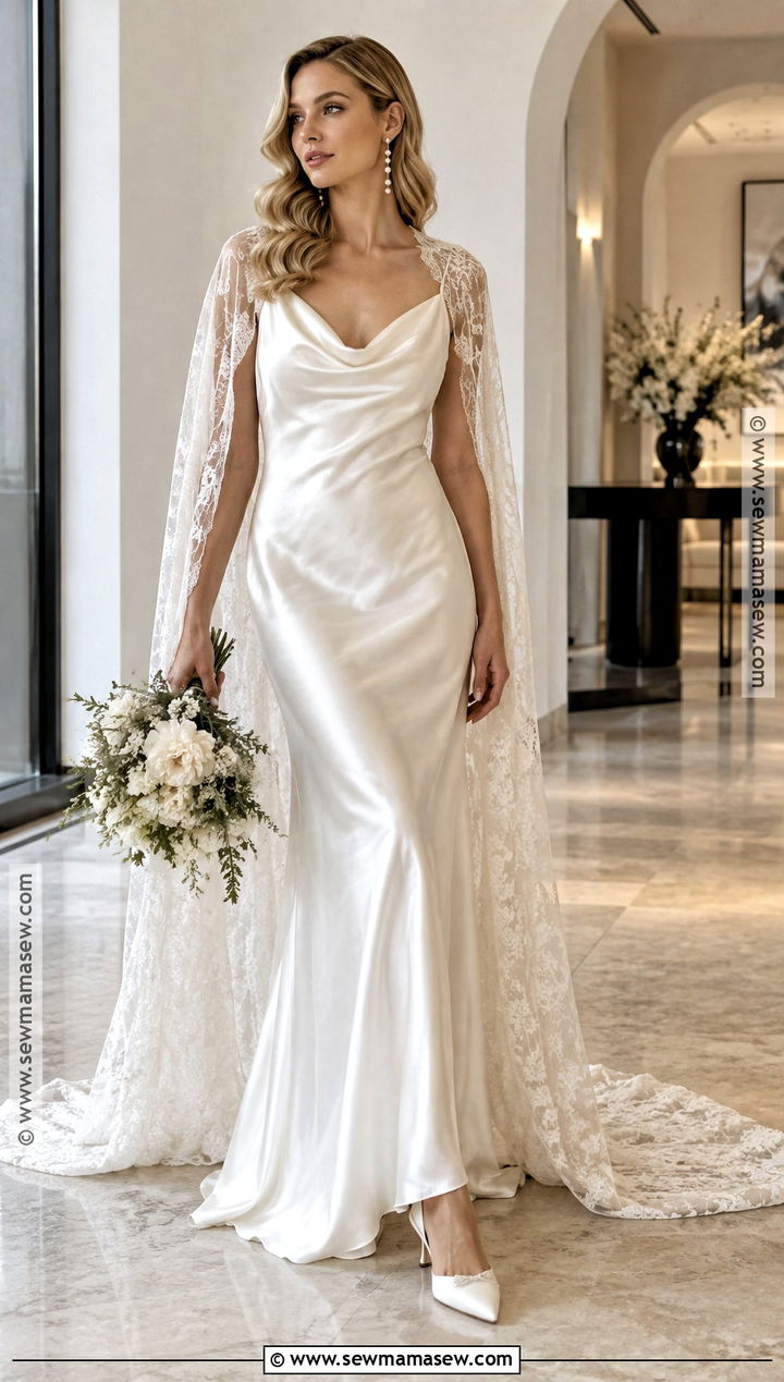 Satin Slip Wedding Dress With Cape - 15 wedding dresses for fall weddings
