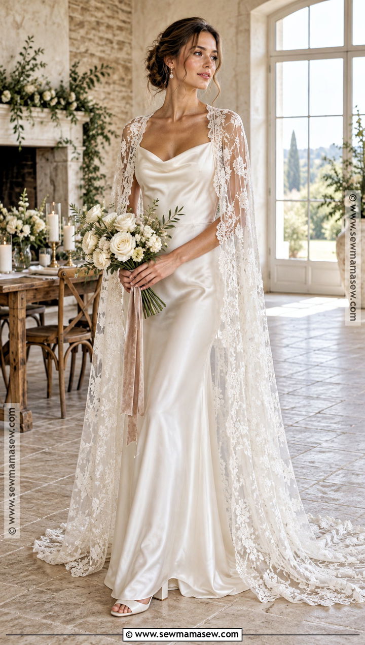 Satin Slip Wedding Dress With Lace Cape - 20 boho fall wedding dress ideas