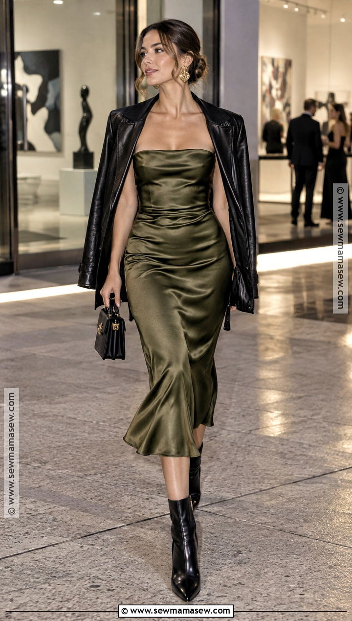 Satin Strapless Dress With Leather Jacket And Pointed Boots - 15 Strapless Dress Fall Outfit Ideas