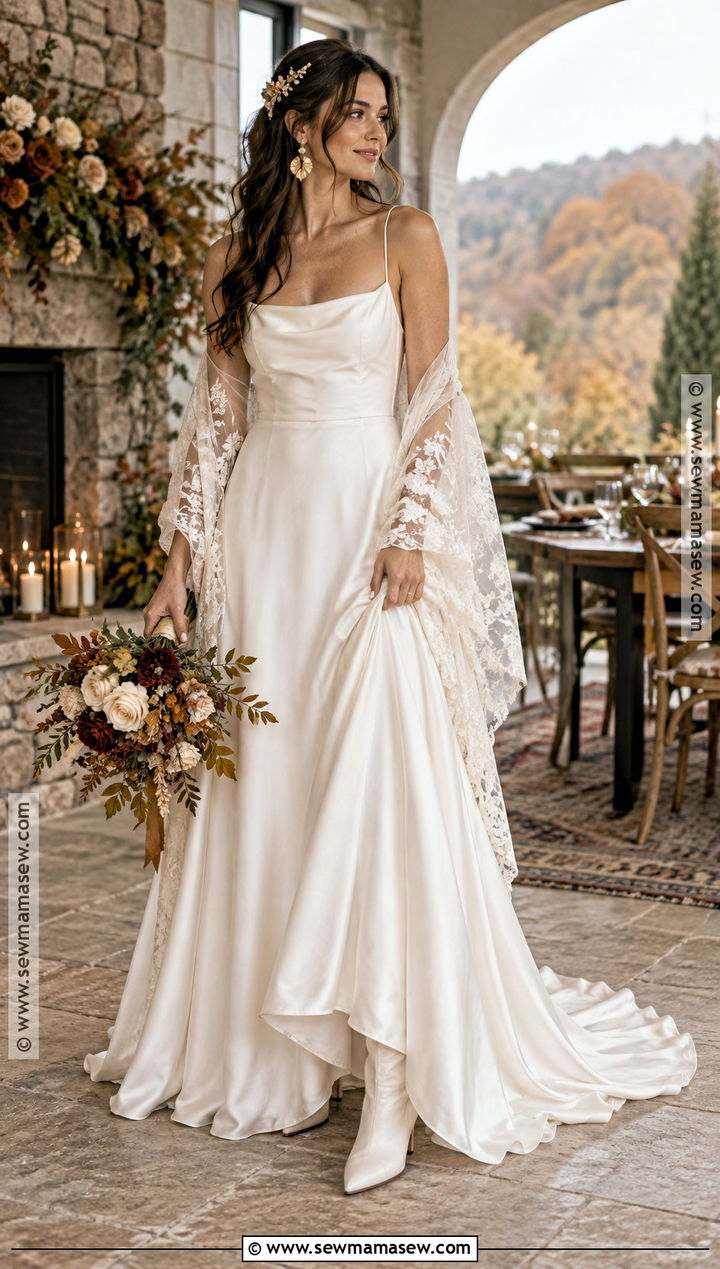 Satin Wedding Dress With Lace Shawl - 15 rustic boho fall wedding dress ideas
