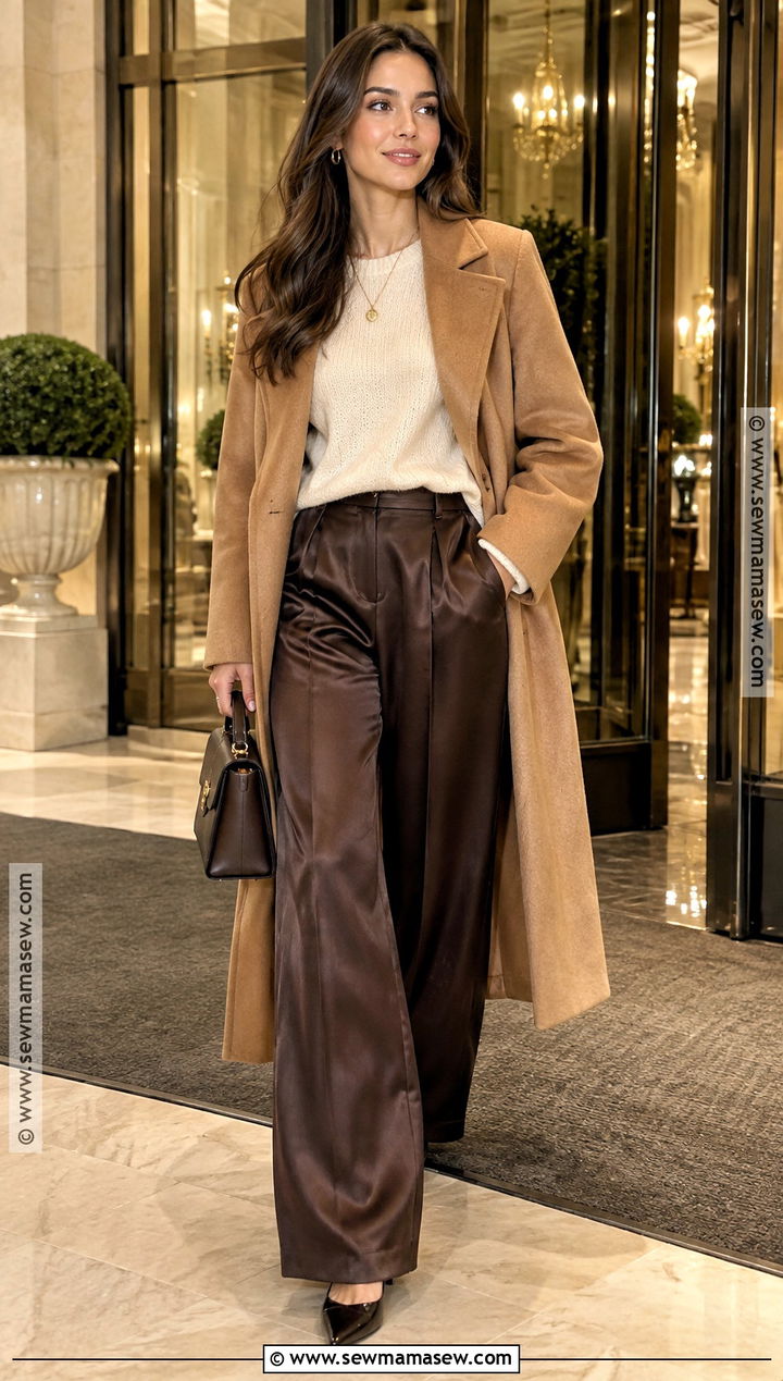 Satin Wide Leg Pants With Cashmere Sweater And Heels - 15 fall fashion wide-leg pants